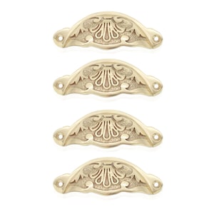 Pack of 4 Polished Brass Floral D Cup Shell Handle 100mm Solid Brass for Kitchen Cabinet Drawer Cupboard Door Pulls