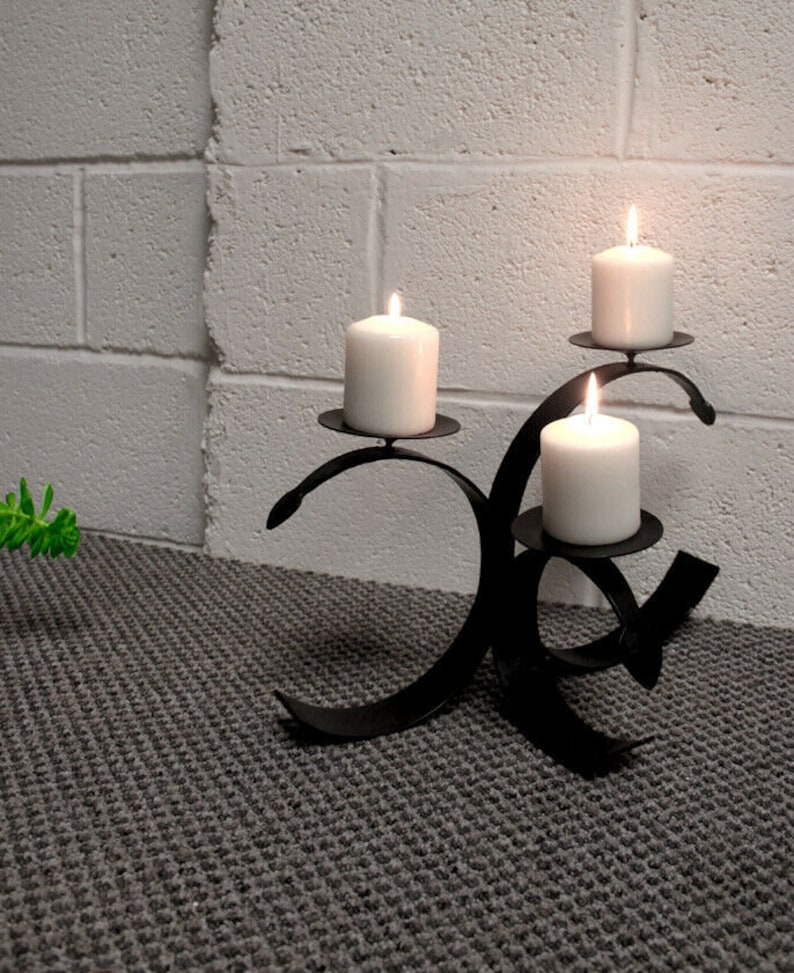 Contemporary Modern 3 Pillar Spiked Black Iron Candle Display Holder Candlestick