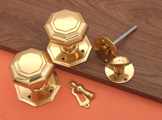 Large Octagonal Mortice door knob with Escutcheons  Privacy Polished Nickel