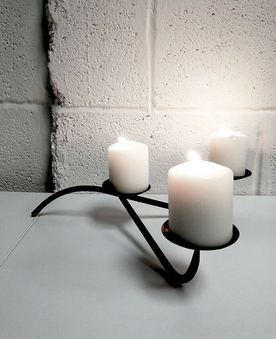 Contemporary Modern 3 Pillar Spiked Black Iron Candle Display Holder  Candlestick 