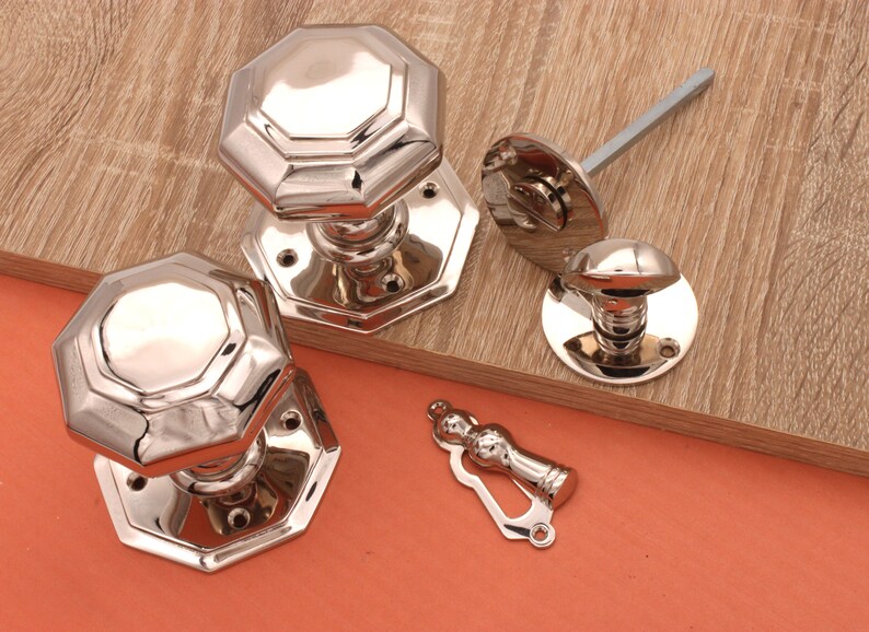 Large Octagonal Mortice door knob with Escutcheons Privacy Polished Nickel