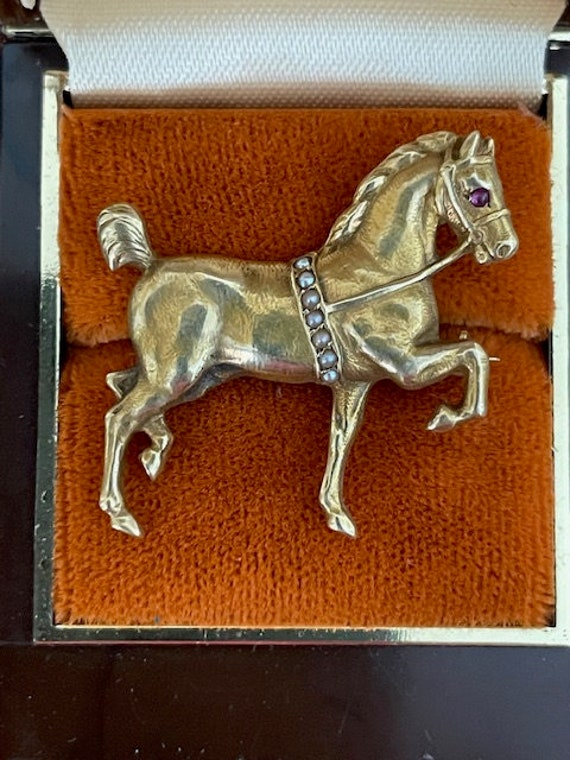 Antique 14k Gold Seed Pearl and Ruby Horse Brooch 