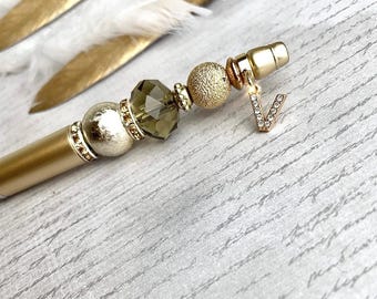 Personalised Beaded Pen: Gold Jeweled Handmade Pen with Diamante Initial