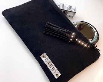 Personalised Makeup Bag: Black Leather Name Accent with Diamanté Stud Detail
