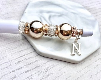 Rose Gold Jeweled Pen: Personalised Initial Charm, Refillable Ballpoint