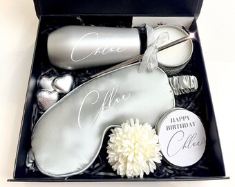 Personalised Birthday Gift Box for Her: Satin Eye Mask, Candle & Tumbler