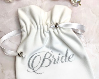 Personalised Velvet Bridal Pouch: Wedding Day Bridal Bag in White or Ivory