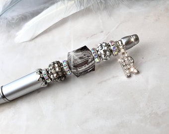 Sparkly Beaded Pen: Personalised Diamante Initial Charm, Refillable