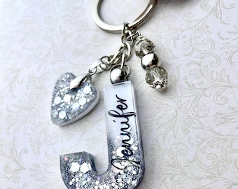 Personalised Initial Keyring: Glitter Silver and White Monogram Keychain