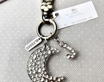 Diamante Moon Initial Keyring | Handmade Sparkly Keychain