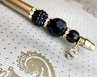 Personalised Gold Beaded Pen: Handmade Sparkly Diamante Initial Charm