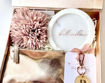 Personalised Rose Gold Gift Box for Her: Marble Jewellery Dish, Keyring & Purse