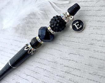 Personalized Black Beaded Pen: Handmade Diamante Initial Pen