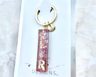 Personalised Pink Glitter Resin Keyring: Gold Initial Charm