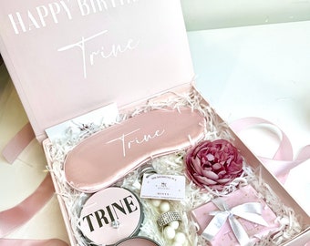 Personalised Birthday Gift Box: Silk Eye Mask, Scented Candle & Pink Soap