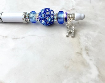 Handmade Beaded Pen | Diamante Initial Charm, Personalised Gift
