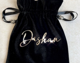 Personalised Black Velvet Pouch: Handmade Drawstring Gift Bag