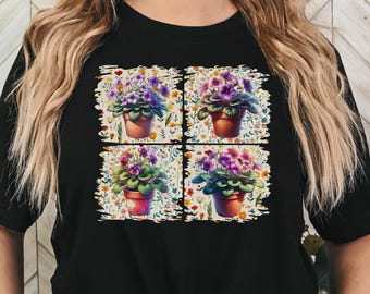 African Violet Lover Shirt,Plant Mom Dad Gift,Houseplant Lover TShirt,Gardening Tee,African Violets Brushstroke T-Shirt,Floral Tee Shirt