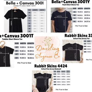 May include: Image displays size charts for various t-shirts and bodysuits. The charts include measurements in inches for Bella + Canvas and Rabbit Skins apparel, including unisex, youth, toddler, and infant sizes. The brand name "Dazzling Elegance Co." is also visible.