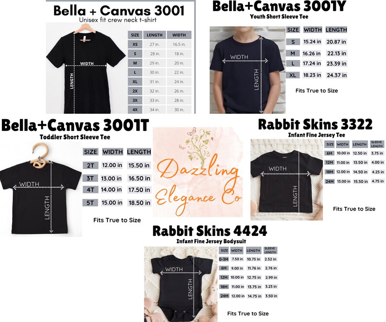 May include: Image displays size charts for various t-shirts and bodysuits. The charts include measurements in inches for Bella + Canvas and Rabbit Skins apparel, including unisex, youth, toddler, and infant sizes. The brand name "Dazzling Elegance Co." is also visible.