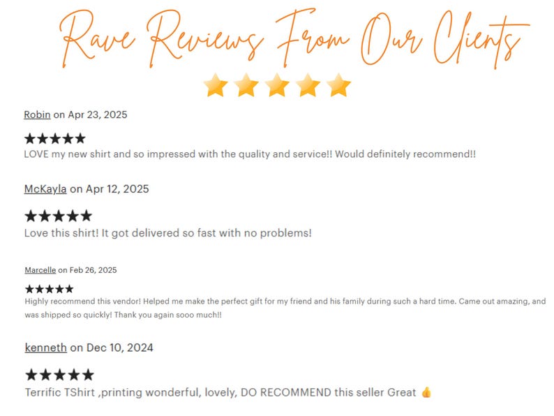 K&ouml;nnte beinhalten: Bild mit Kundenbewertungen und F&uuml;nf-Sterne-Bewertungen. Der Text lautet "Rave Reviews From Our Clients" in orangefarbener Schrift. Bewertungen erw&auml;hnen Hemdenqualit&auml;t, schnelle Lieferung und H&auml;ndlerempfehlungen.