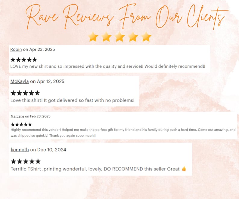 May include: Image featuring customer reviews with five-star ratings. Text includes phrases like "Rave Reviews From Our Clients," and customer comments praising shirt quality, delivery speed, and gift-giving experiences. The background has a watercolor effect.