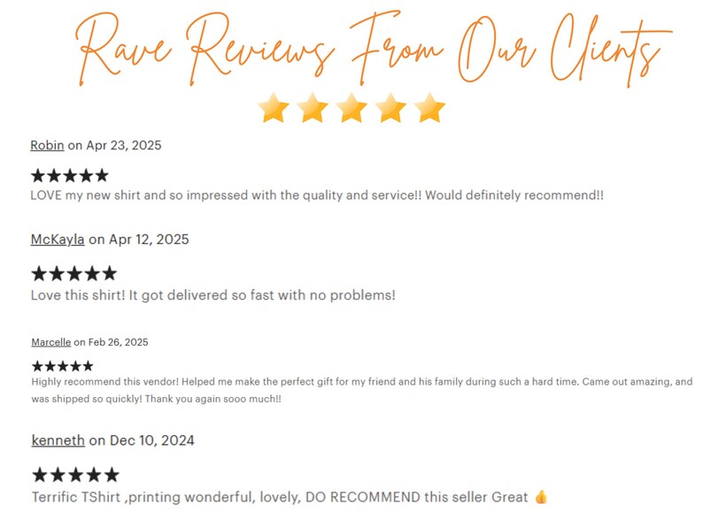 May include: Image displaying customer reviews with five-star ratings. The text "Rave Reviews From Our Clients" is in orange script. Reviews praise shirt quality, delivery speed, and vendor recommendations.