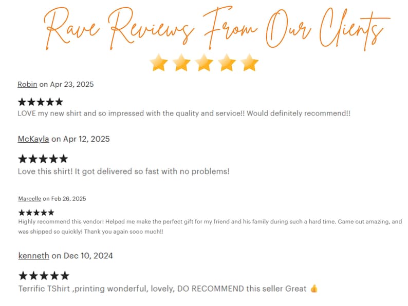 May include: Image featuring customer reviews with five-star ratings. Text reads "Rave Reviews From Our Clients" in an orange script. Reviews include positive comments about shirt quality, fast delivery, and vendor recommendations.