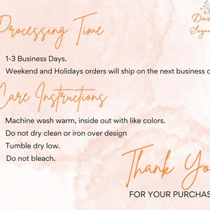 May include: A peach-colored background with handwritten text in orange. The text includes "Processing Time," "Care Instructions," and "Thank You for Your Purchase." The image also displays the business name "Dazzling Elegance Co."