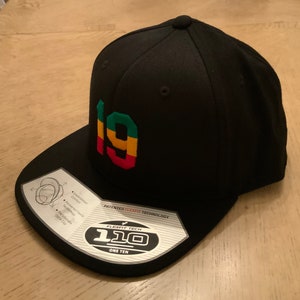May include: Black baseball cap with a green, yellow, and red number "19" on the front. The cap has a black brim and a black Flexfit logo with the text "Flexfit Tech 110 One Ten" on the underside of the brim.