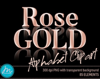 May include: Rose gold alphabet clipart on a black background. The word "Rose Gold" is displayed in a shiny, metallic font. Below, the words "Alphabet Clipart" are written in a cursive font. A logo is in the bottom left corner.