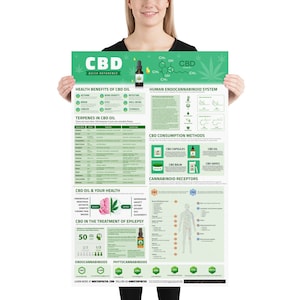 Può includere: Un poster infografico verde e bianco sull'olio di CBD. Il poster include informazioni sui benefici per la salute dell'olio di CBD, i terpeni nell'olio di CBD, i metodi di consumo del CBD, i recettori cannabinoidi e l'olio di CBD e la tua salute. Il poster include anche uno schema del sistema endocannabinoide umano.
