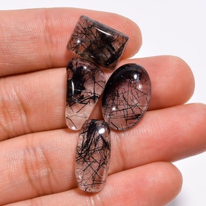 Natural Black Rutilated Quartz Cabochon Mix Shape Loose Gemstone For Making Jewelry 4 Pcs Pack 31 Ct 14X10 18X9 MM