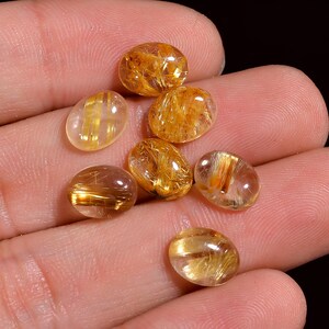 Natural Golden Rutile Quartz Cabochon Oval Shape Gemstone For Making Jewelry 7 Pcs Pack 12 Ct 9X7X4 MM
