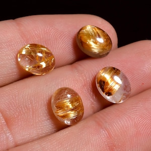 Natural Golden Rutile Quartz Cabochon Oval Shape Gemstone For Making Jewelry 4 Pcs Pack 9 Ct 9X7X4 MM