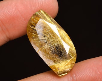 Natural Golden Rutile Quartz Cabochon Electric  Fire Loose Gemstone  Round Shape Top  Making For Hand Made Jewelry 7 Ct  14X14X5 MM  MV-77