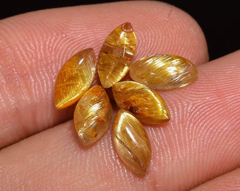 Rutilated Quartz Gemstone Cabochon Golden Rutile Marquise Shape For Making Jewelry 6 Pcs Pack 5 Ct 8X4X3 MM