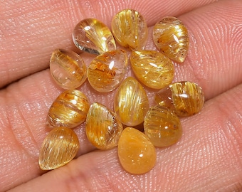 Natural Golden Rutilated Quartz Cabochon Pear Shape Loose Gemstone For Making Jewelry 13 Pcs Pack 12 Ct 7X5X3 MM