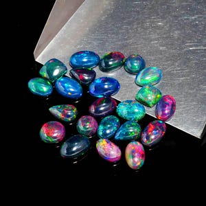 Black Ethiopian Opal Cabochons, Multi Fire Opal Gemstone For Jewelry (22 Pcs Set)