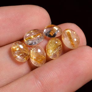 Natural Golden Rutilated Quartz Oval Shape Cabochon Gemstone For Making Jewelry 6 Pcs Pack 9 Ct 8X6X4 MM