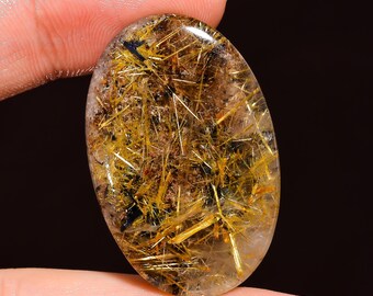 Natural Hematite Golden Rutilated Quartz Oval Shape Cabochon Loose Gemstone For Making Jewelry 53 Ct 36X23X7 MM