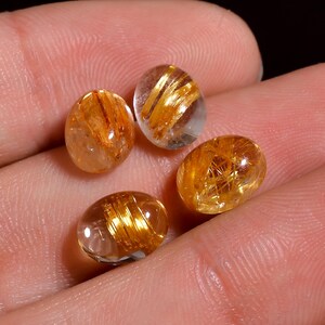 Golden Rutilated Quartz Gemstone Oval Shape Cabochon For Making Jewelry 4 Pcs Pack 9 Ct 9X7X4 MM