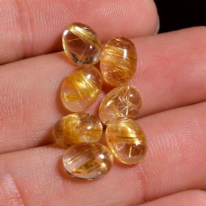 Golden Rutilated Quartz Gemstone Oval Shape Cabochon For Making Jewelry 7 Pcs Pack 10 Ct 8X6X4 MM