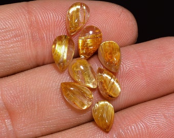 Golden Rutilated Quartz Cabochon Pear Shape Loose Gemstone For Making Jewelry 8 Pcs Pack 8 Ct 8X5X3 MM