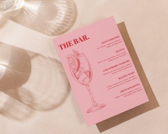 Wedding Drinks Menu, Printable Cocktail Menu, Bar Cocktails, Party, Celebration, Birthday, Special Occasion, Modern, Bright, Pink, Red