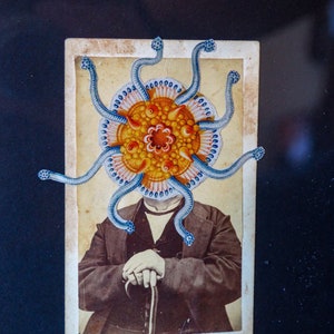 Mixed Media Cabinet Card of fancy sea creature | Original Art | CDV Card | Funny Art | Collage | Sea Creature | Vintage Art | Tin Type