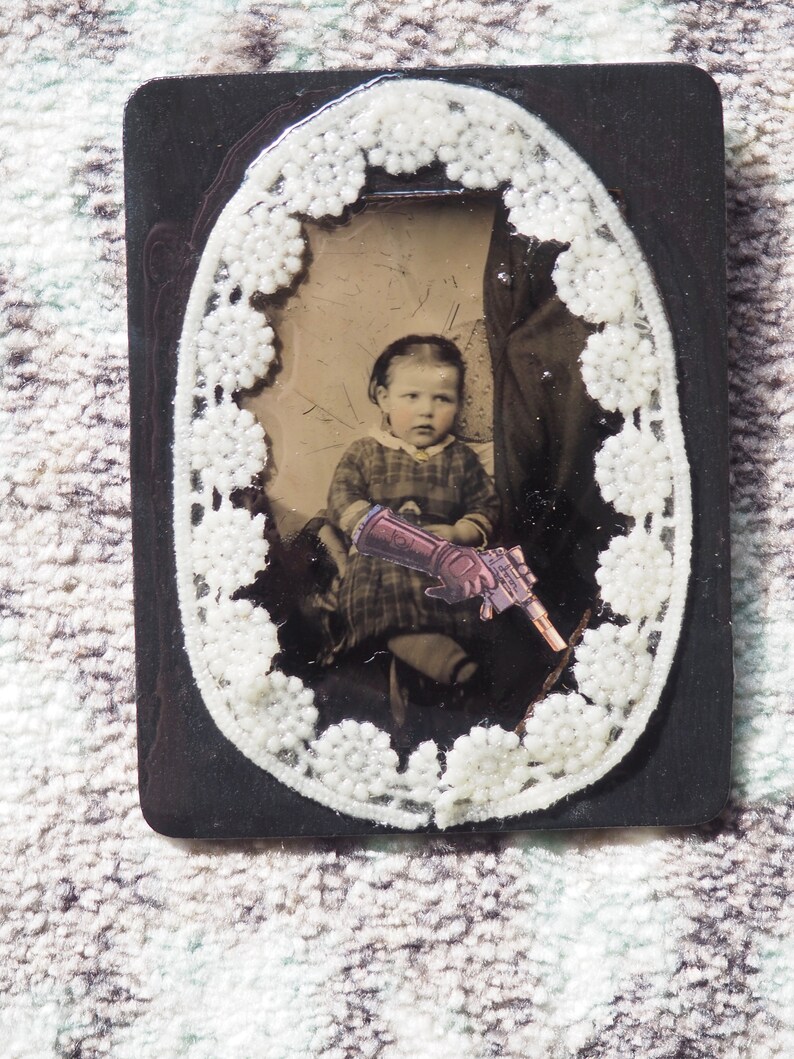 Antique Photo Star Wars Old Photograph Wall Art Desk Art Funny Art Antique Tin Type of Baby Girl with Blaster Unique