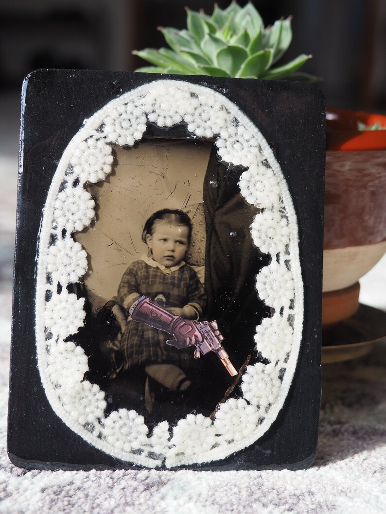 Antique Photo Star Wars Old Photograph Wall Art Desk Art Funny Art Antique Tin Type of Baby Girl with Blaster Unique