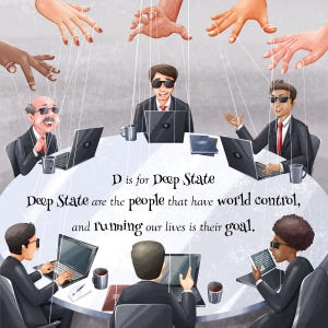 Peut inclure: Illustration d'un groupe de personnes en costume et lunettes de soleil assises autour d'une table avec des ordinateurs portables. Elles sont contr&ocirc;l&eacute;es par des ficelles depuis le haut. Le texte "D is for Deep State" et "Deep State are the people that have world control, and running our lives is their goal." est &eacute;crit sous la table.
