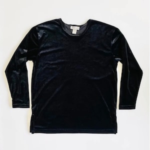 Black 90s Velvet Stretch Long Sleeve Shirt Top Blouse M L Oversized